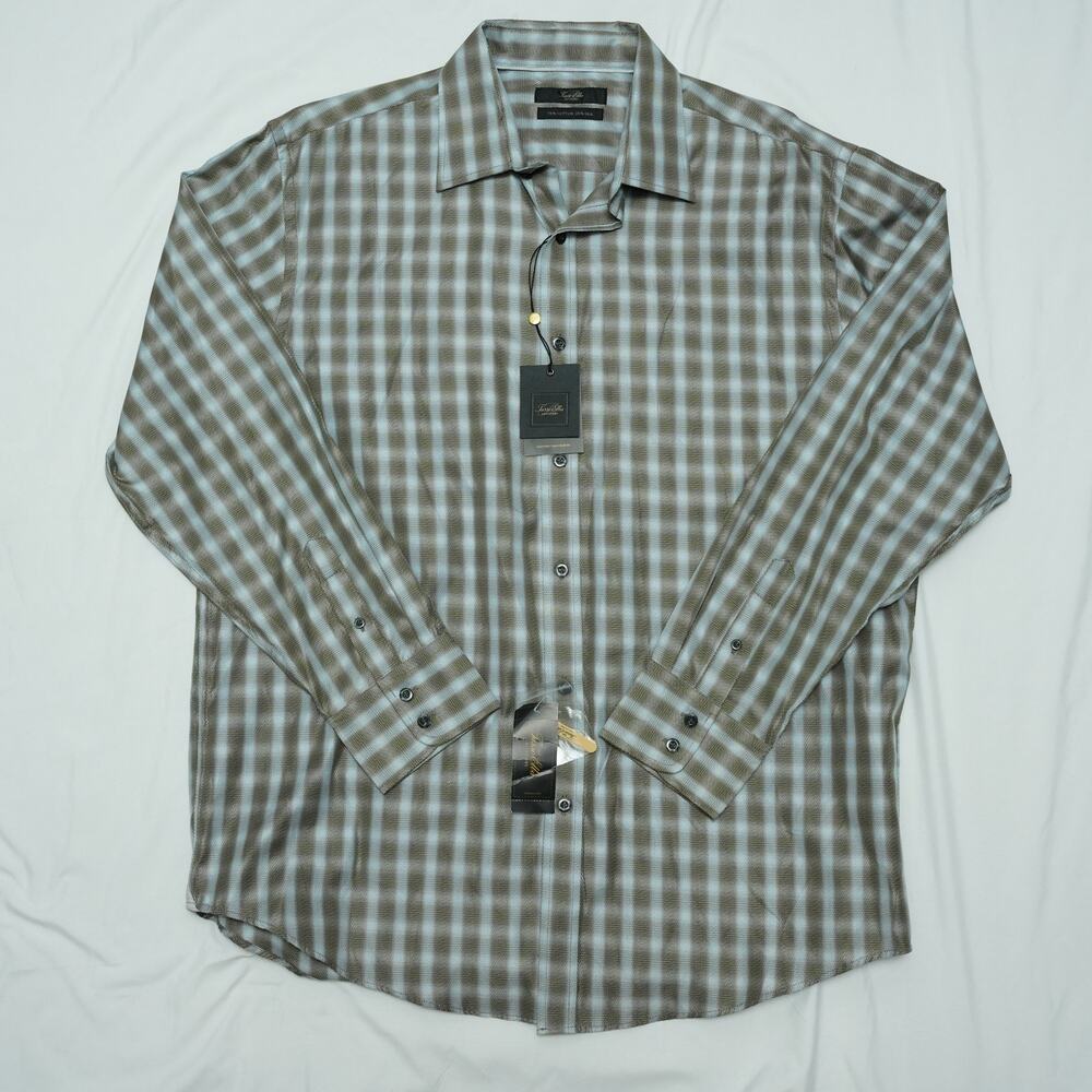 Tasso Elba Collezione Men's Large Blue Brown Plaid Cotton Silk Shirt NWT